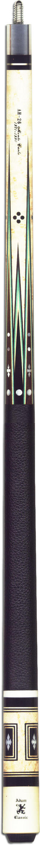 This pool cue with a birdseye maple forearm with eight points.  There are four cocobolo points with maple, blue and black veneers; with three mother of pearl dots and one mother of pearl notched diamond inlay.  There are for ebony points with maple blue and black veneers with one mother of pearl dot inlay.  The butt is birdseye maple with mother of pearl notched diamond inlays inside of ebony windows with maple, black, maple and black veneers.    The wrap is black leather.  The joint is piloted stainless steel with a 5/16 x 14 pin with two nickel silver rings.  This cue comes with one shaft with a 13mm pro taper and a Le Pro leather tip.