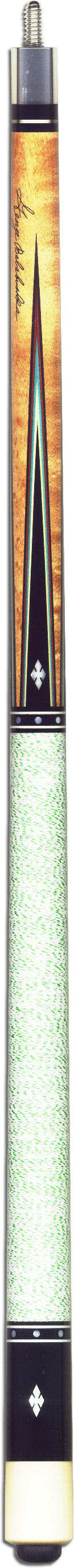 George Balabushka signature series pool cue.  This pool cue has a natural stained birdseye maple forearm with four sharp ebony points with maple, blue, burgundy and black veneers. Each point has a mother of pearl notched diamond inlay. The butt is ebony with 4 mother of pearl inlays. The wrap is a white with green spec irish linen.&nbsp;There are two sets of mother of pearl dot inlay rings surrounded by micarta set in black phenolic.  The joint is 5/16 x 14 piloted stainless steel with two sets of nickel silver rings set in black phenolic. This cue comes with one shaft with a 13 mm pro taper and a professional leather tip. This Balabushka pool cue comes with free shipping and a free case; or you can upgrade to a Competition case at a discount.