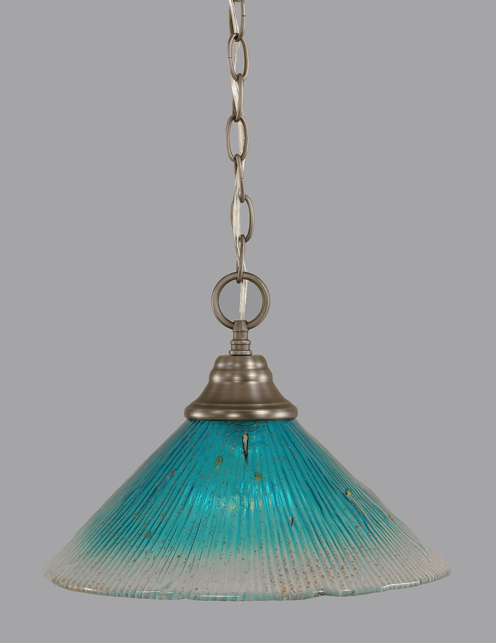 Chain Hung Pendant Shown In Brushed Nickel Finish With 12" Teal Crystal Glass