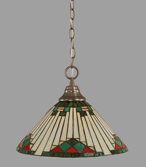 Chain Hung Pendant Shown In Brushed Nickel Finish With 15" Green Sunray Tiffany Glass