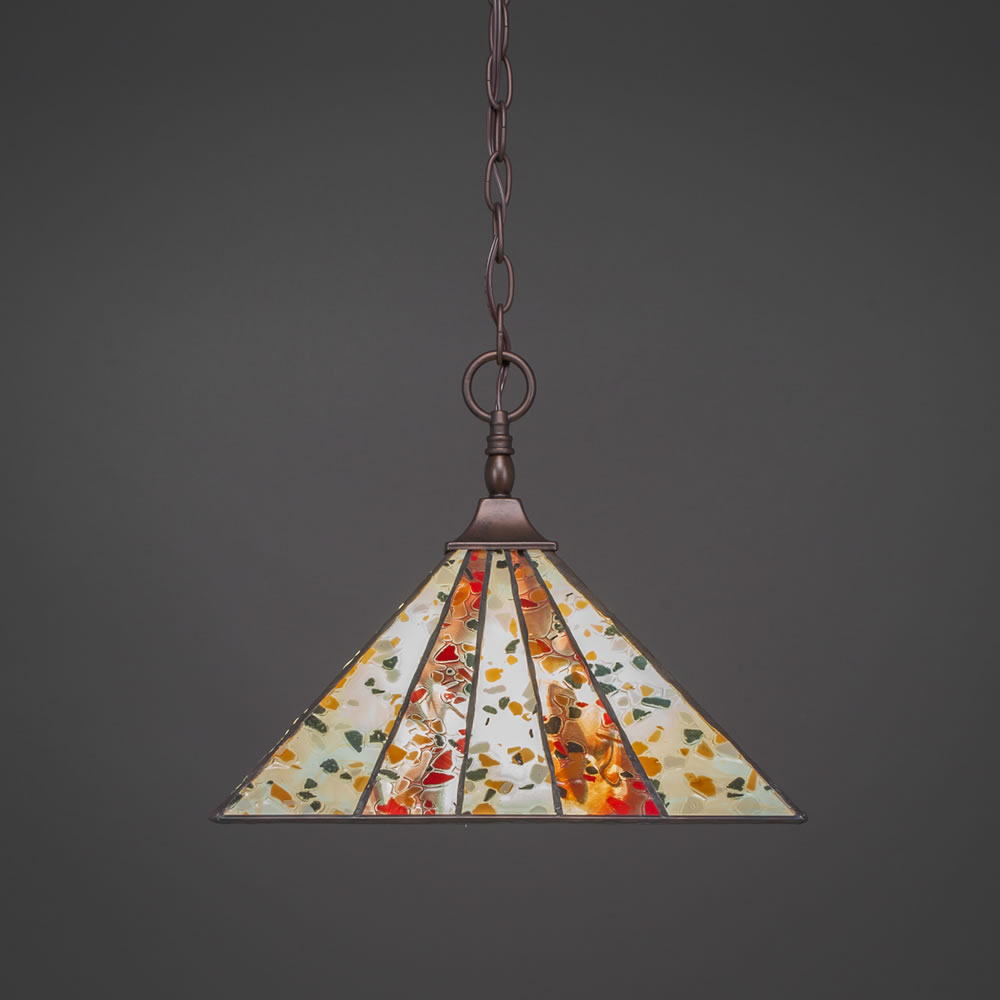 Chain Hung Pendant With Square Fitter Shown In Bronze Finish With 14" Fiesta Tiffany Glass