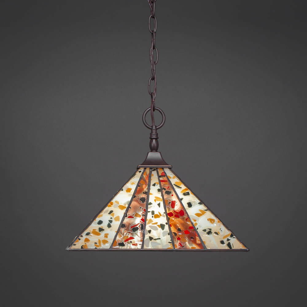 Chain Hung Pendant With Square Fitter Shown In Dark Granite Finish With 14" Fiesta Tiffany Glass