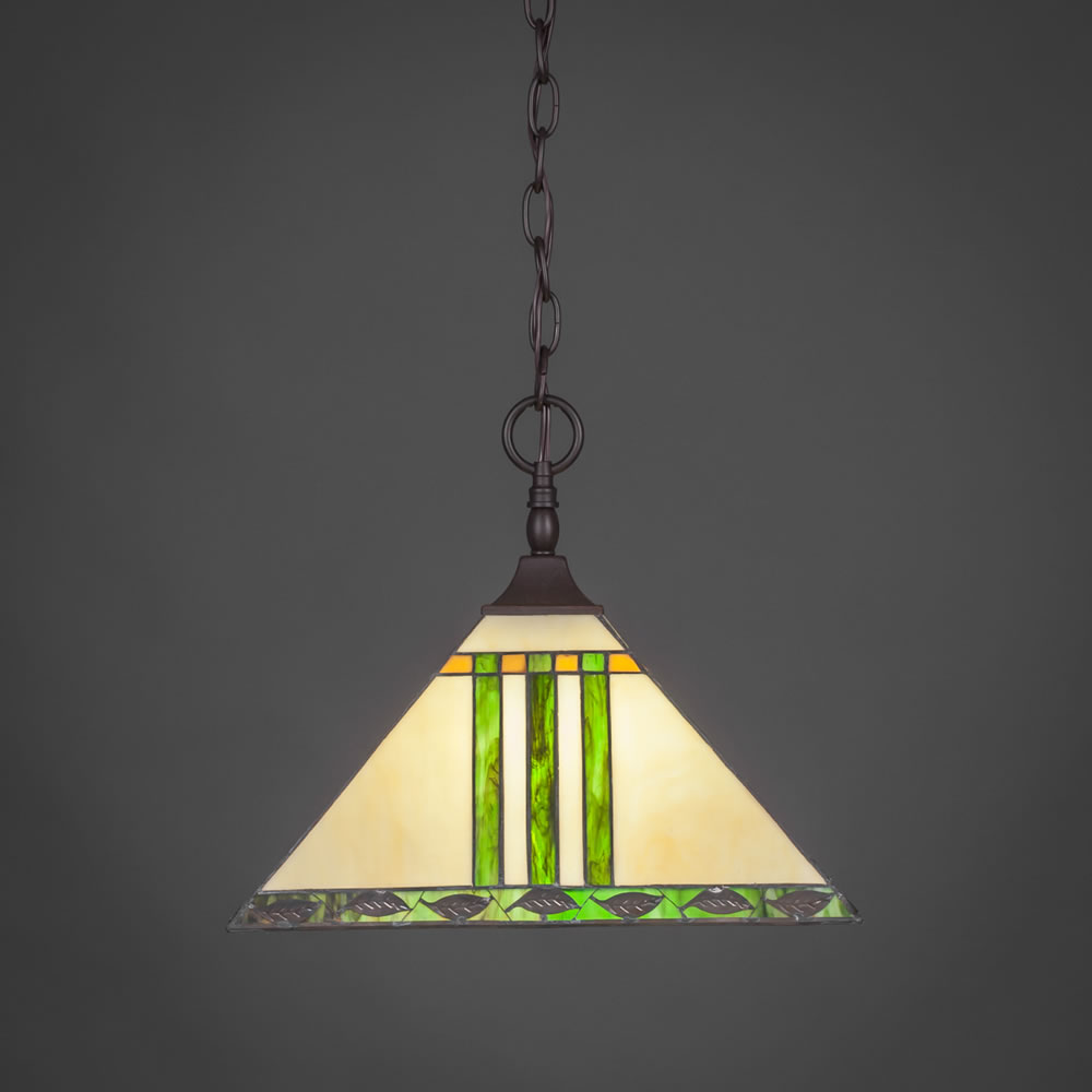 Chain Hung Pendant With Square Fitter Shown In Dark Granite Finish With 14" Green & Metal Leaf Tiffany Glass
