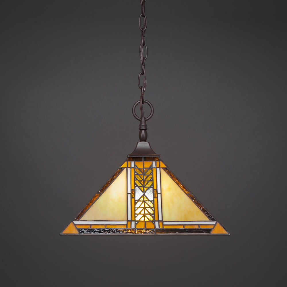 Chain Hung Pendant With Square Fitter Shown In Dark Granite Finish With 14" Santa Cruz Tiffany Glass
