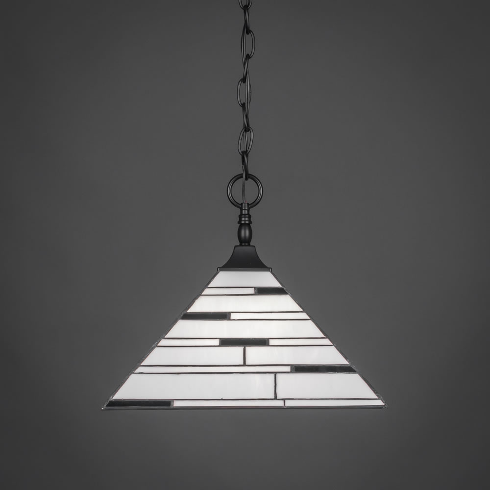 Chain Hung Pendant With Square Fitter Shown In Matte Black Finish With 14" Pearl Ebony Tiffany Glass