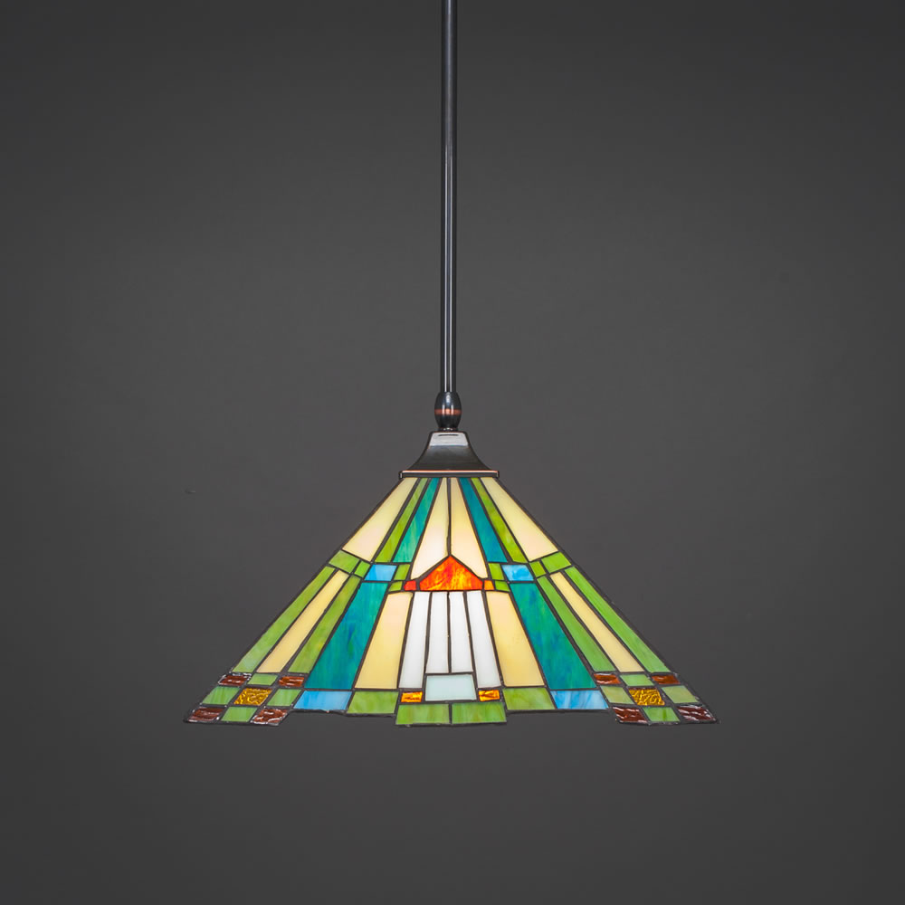 Stem Hung Pendant With Square Fitter Shown In Black Copper Finish With 14" Tango Tiffany Glass
