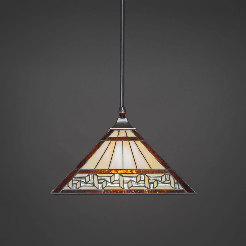 Stem Hung Pendant With Square Fitter Shown In Black Copper Finish With 14" Greek Key Tiffany Glass