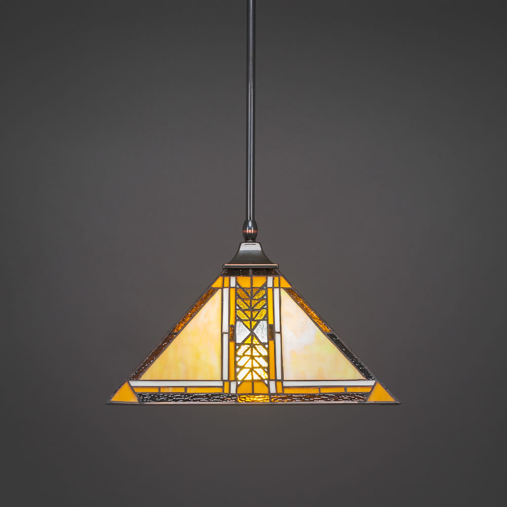 Stem Hung Pendant With Square Fitter Shown In Black Copper Finish With 14" Santa Cruz Tiffany Glass