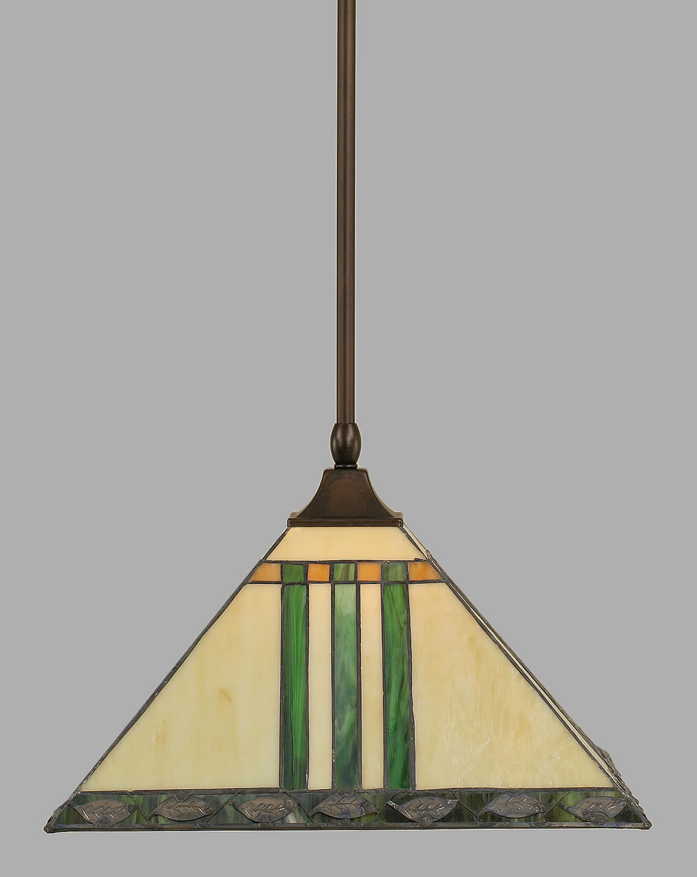Stem Hung Pendant With Square Fitter And Hang Straight Swivel Shown In Bronze Finish With 14" Green & Metal Leaf Tiffany Glass