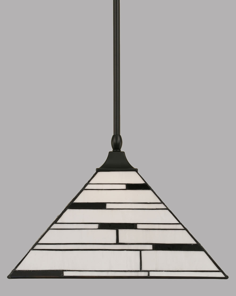 Stem Hung Pendant With Square Fitter And Hang Straight Swivel Shown In Matte Black Finish With 14" Pearl Ebony Tiffany Glass