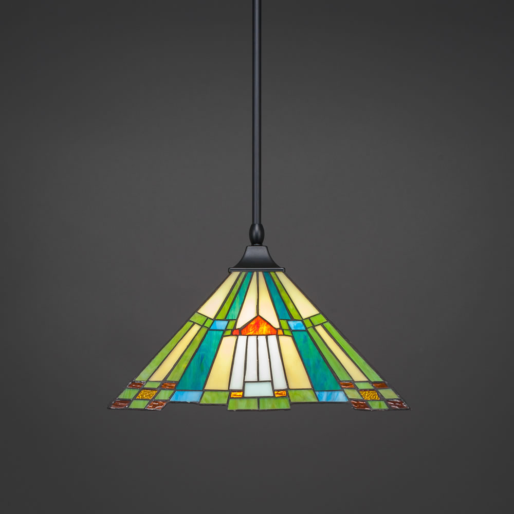 Stem Hung Pendant With Square Fitter And Hang Straight Swivel Shown In Matte Black Finish With 14" Tango Tiffany Glass