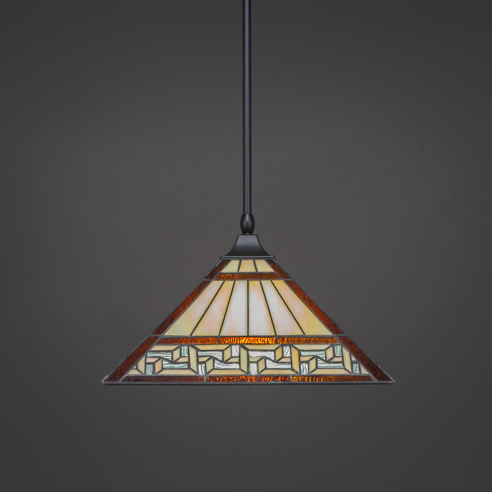 Stem Hung Pendant With Square Fitter And Hang Straight Swivel Shown In Matte Black Finish With 14" Greek Key Tiffany Glass