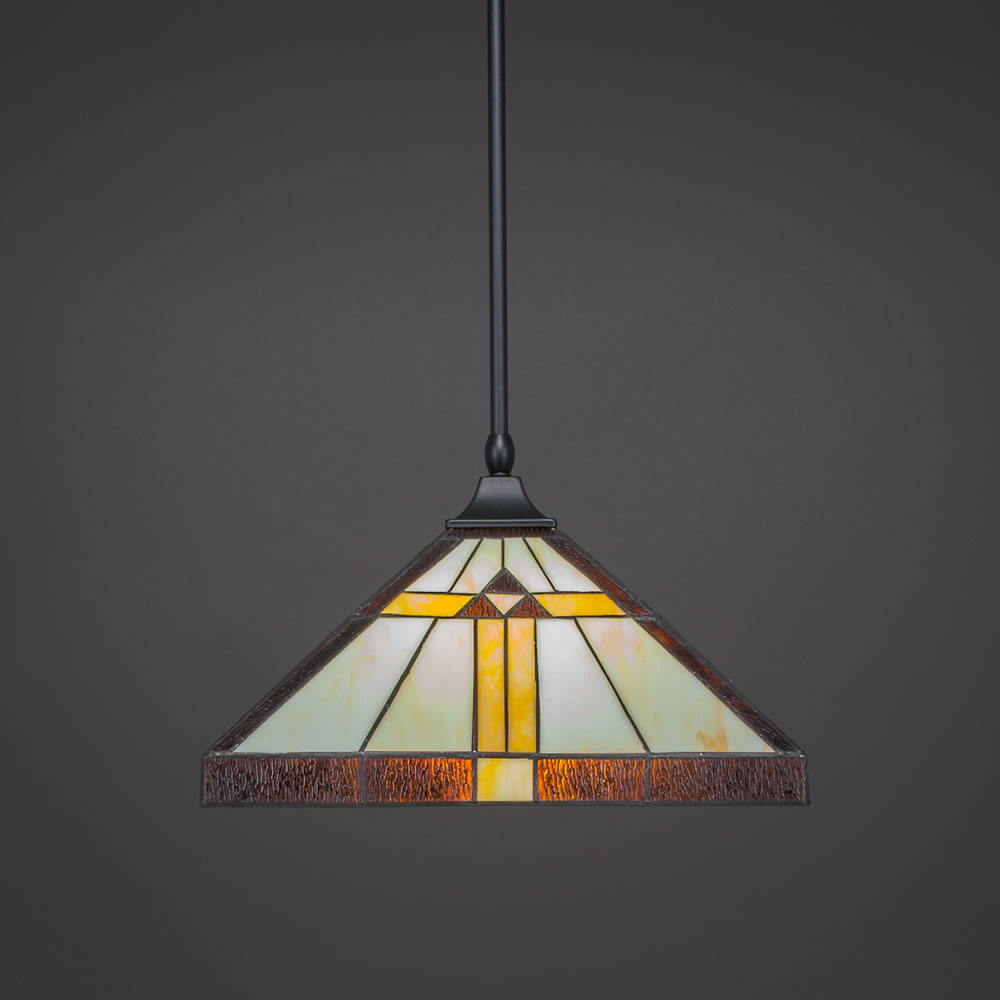 Stem Hung Pendant With Square Fitter And Hang Straight Swivel Shown In Matte Black Finish With 14" Honey, Brown, & Amber Tiffany Glass