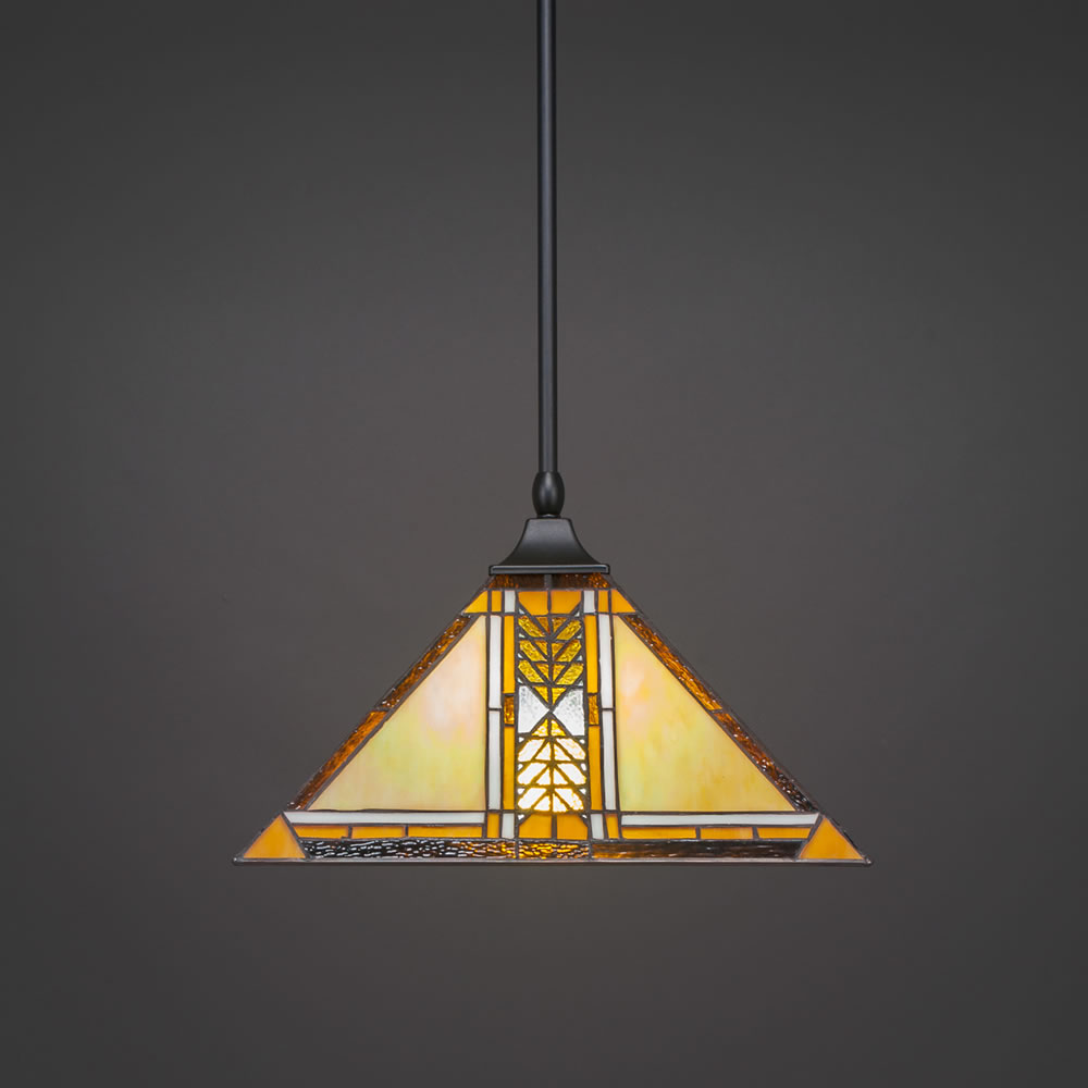 Stem Hung Pendant With Square Fitter And Hang Straight Swivel Shown In Matte Black Finish With 14" Santa Cruz Tiffany Glass