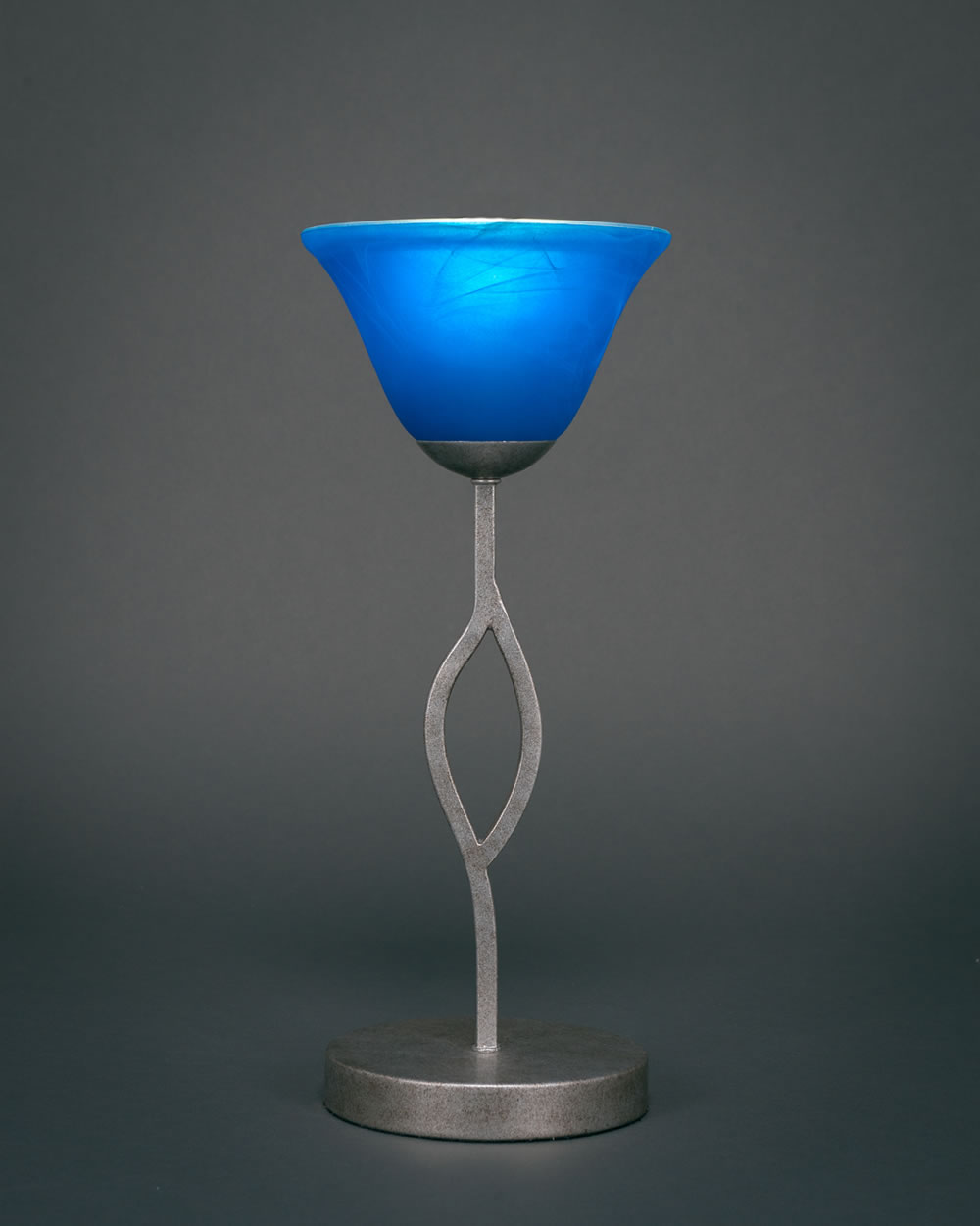 Revo Mini Table Lamp Shown in Aged Silver Finish With 7" Blue Italian Glass