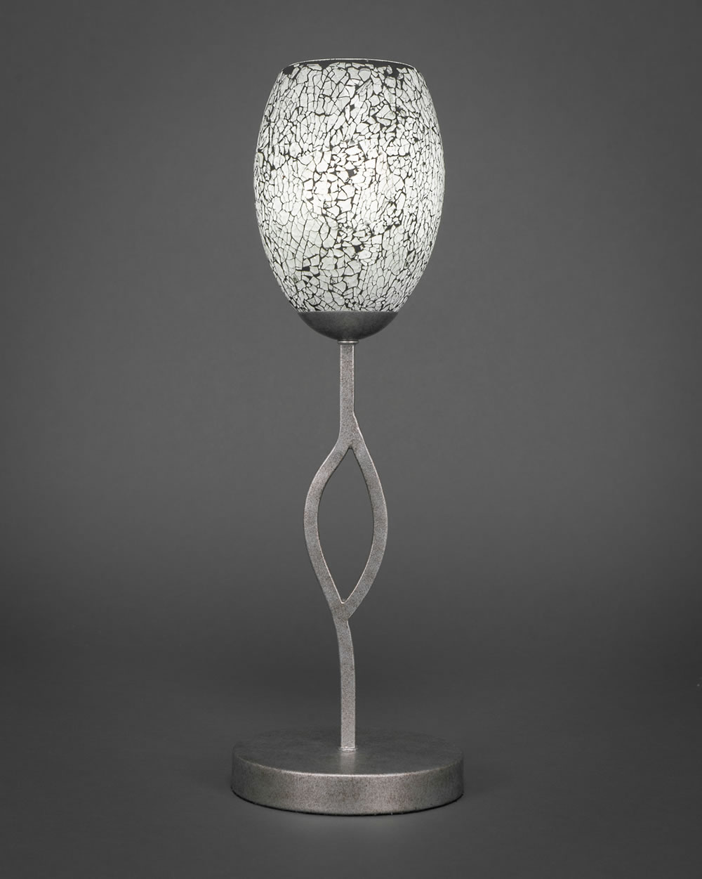 Revo Mini Table Lamp Shown in Aged Silver Finish With 5" Black Fusion Glass