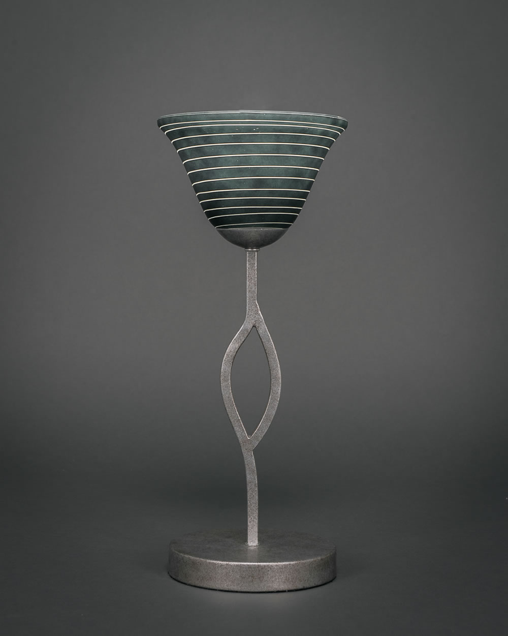 Revo Mini Table Lamp Shown in Aged Silver Finish With 7" Charcoal Spiral Glass