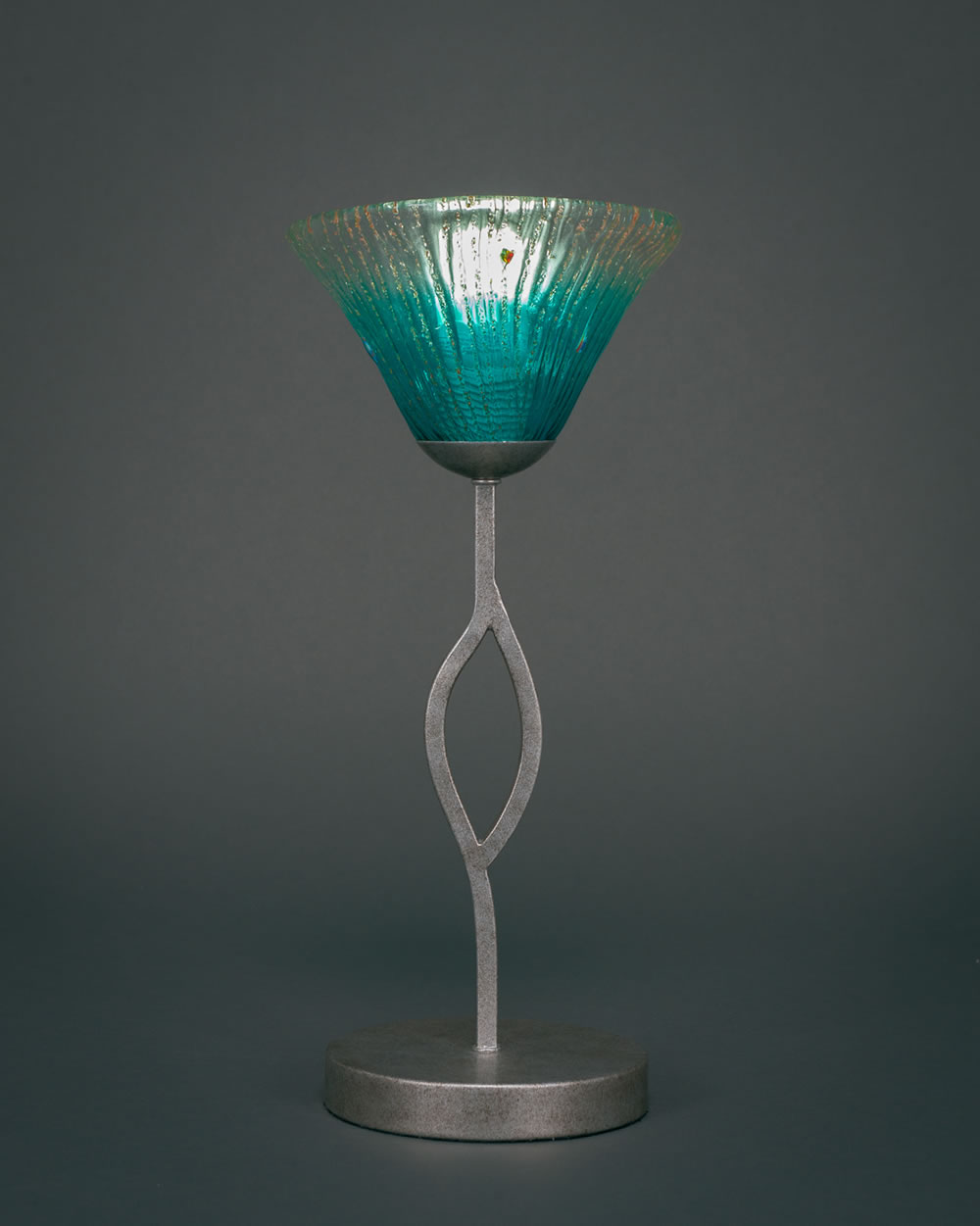 Revo Mini Table Lamp Shown in Aged Silver Finish With 7" Teal Crystal Glass