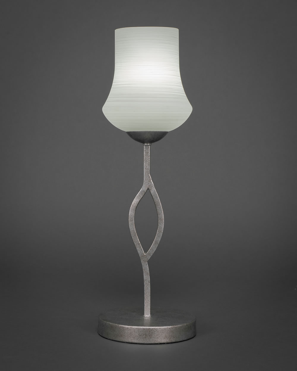 Revo Mini Table Lamp Shown in Aged Silver Finish With 5.5" White Linen Glass