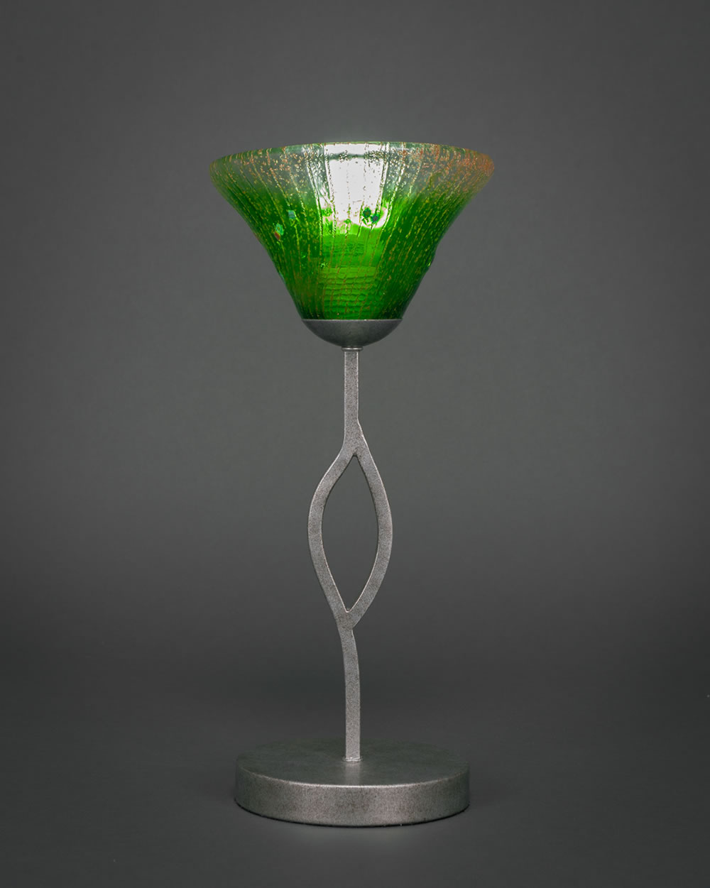 Revo Mini Table Lamp Shown in Aged Silver Finish With 7" Kiwi Green Crystal Glass