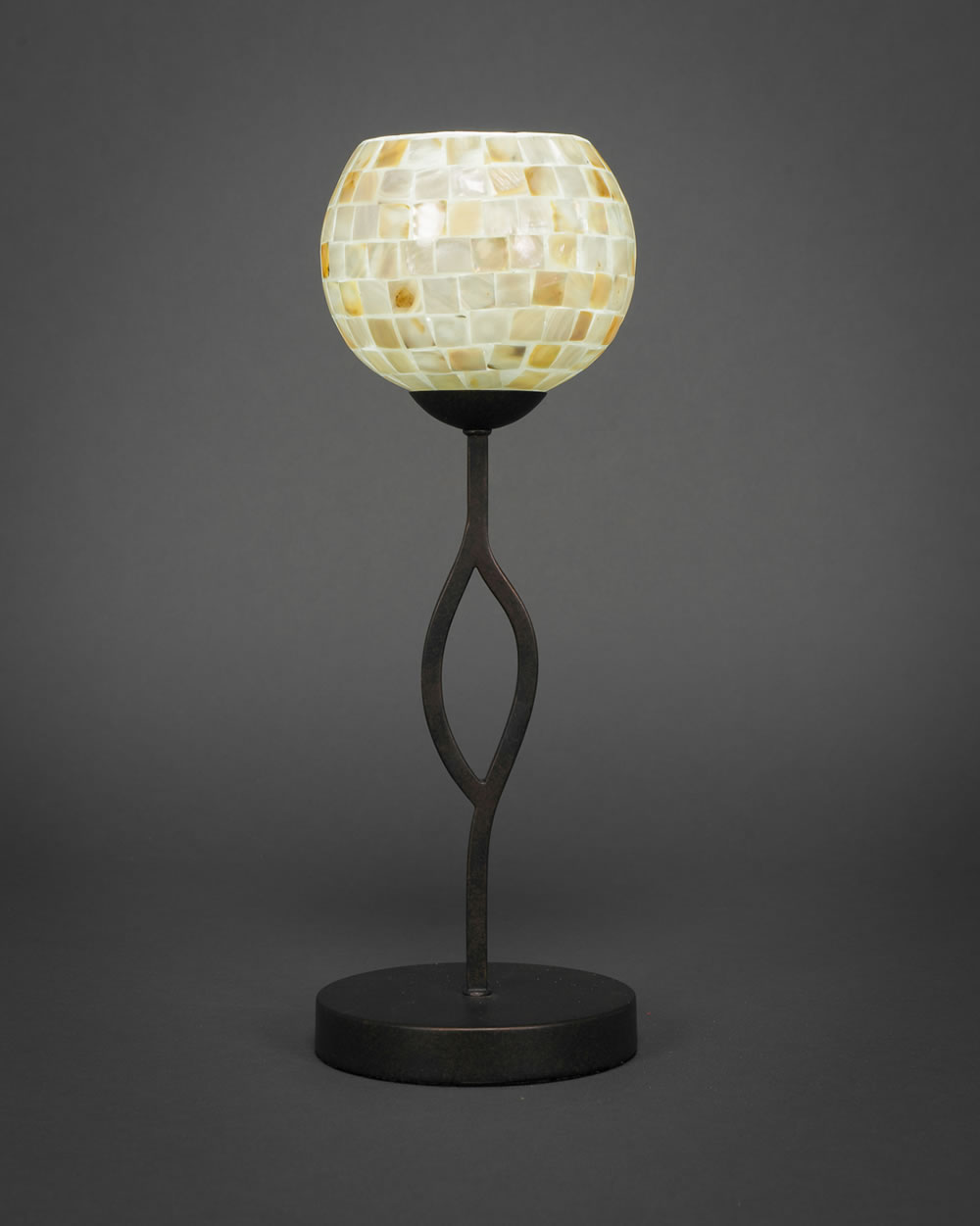 Revo Mini Table Lamp Shown In Dark GraniteFinish With 6" Mystic Seashell Glass
