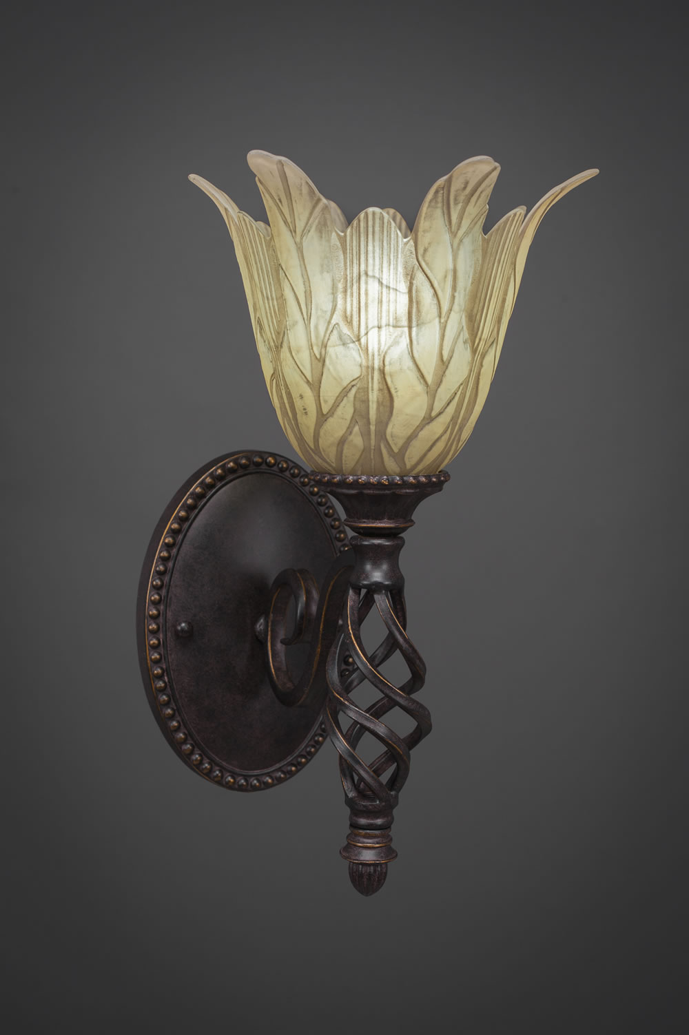 Eleganté Wall Sconce Shown In Dark Granite Finish With 7" Vanilla Leaf Glass