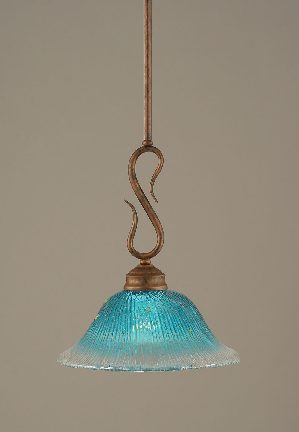 Swan Mini Pendant Shown In Bronze Finish With 10" Teal Crystal Glass