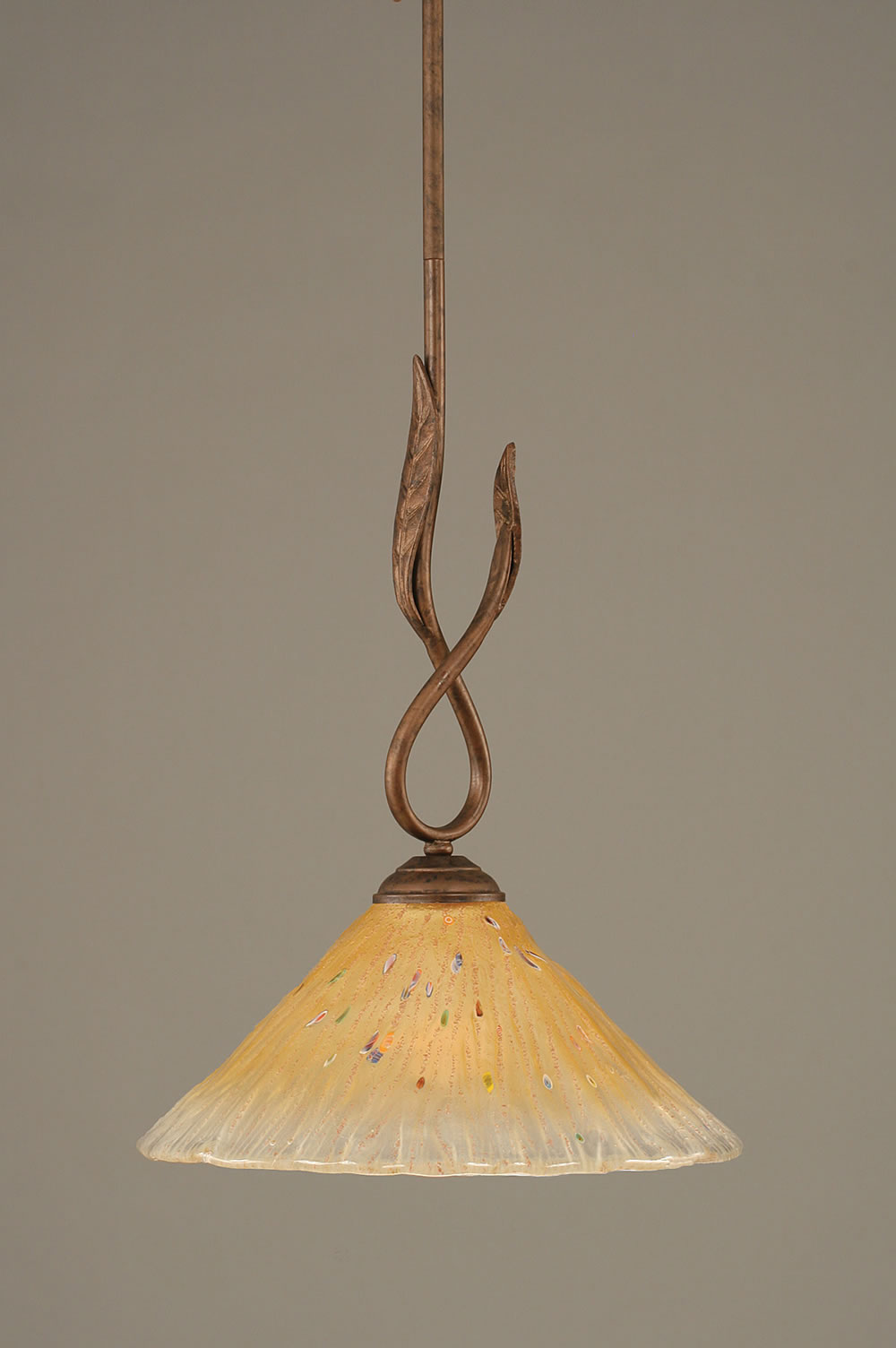 Leaf Mini Pendant Shown In Bronze Finish With 12" Amber Crystal Glass