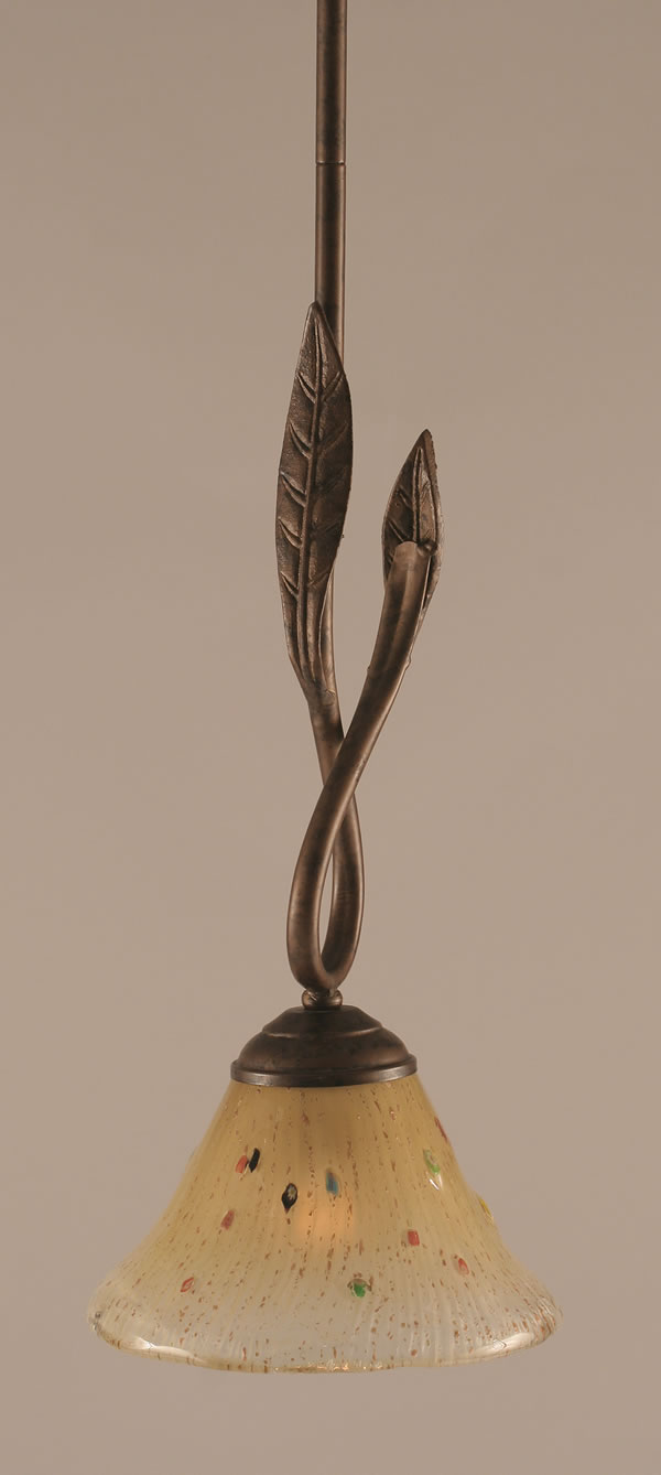 Leaf Mini Pendant Shown In Bronze Finish With 7" Amber Crystal Glass