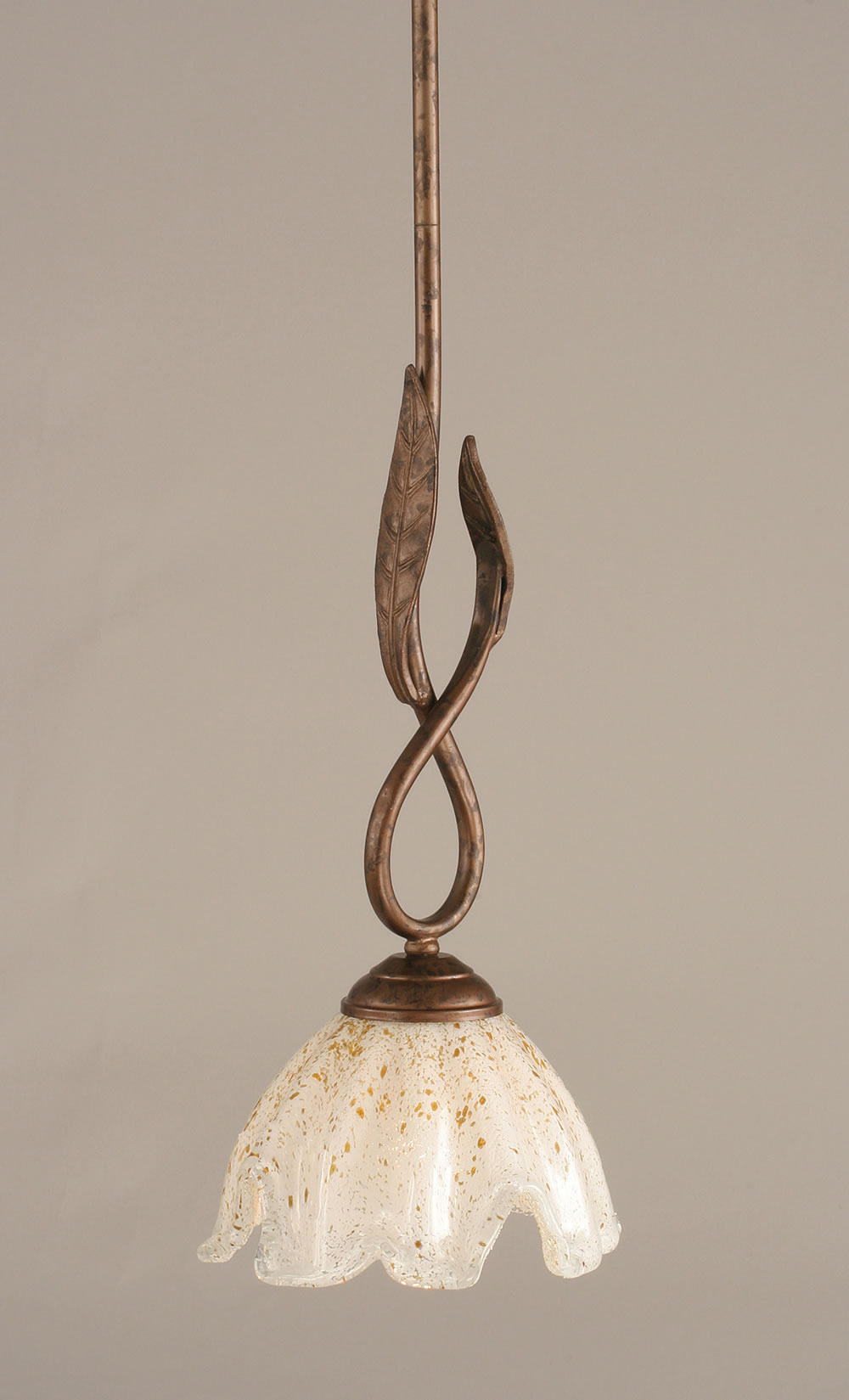 Leaf Mini Pendant Shown In Bronze Finish With 7" Gold Ice Glass