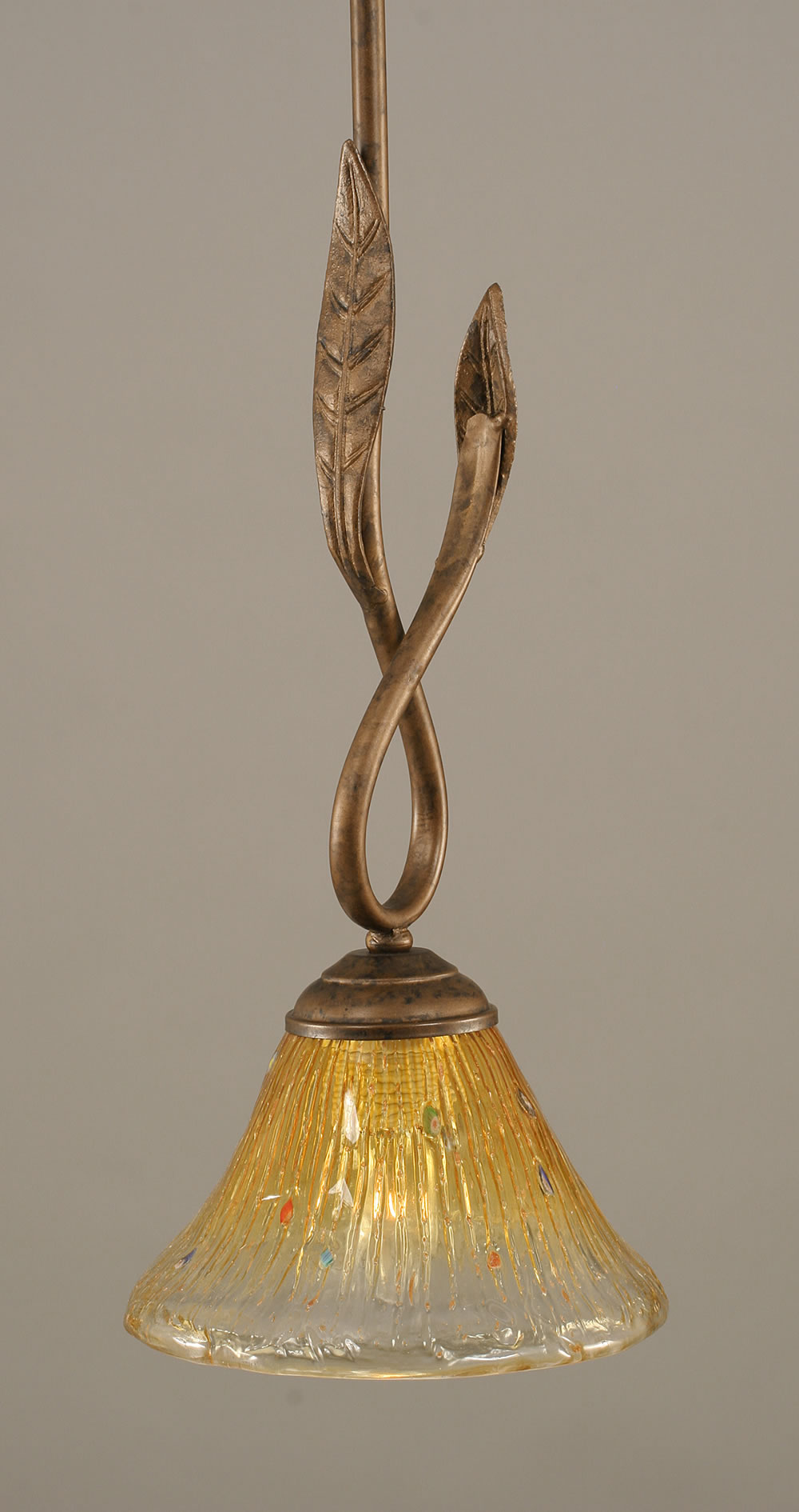 Leaf Mini Pendant Shown In Bronze Finish With 7" Gold Champagne Crystal Glass