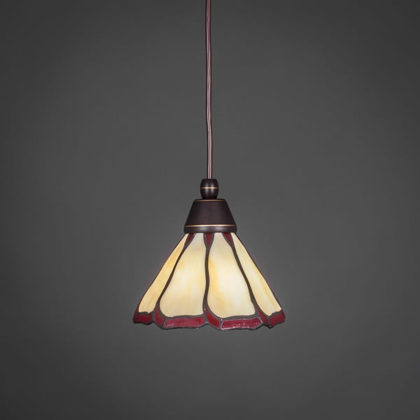 Cord Mini Pendant Shown In Dark Granite Finish With 7" Honey & Burgundy Flair Tiffany Glass