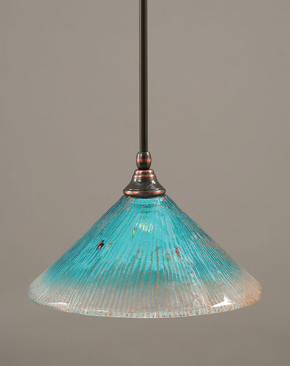 Stem Mini Pendant With Hang Straight Swivel Shown In Black Copper Finish With 12" Teal Crystal Glass
