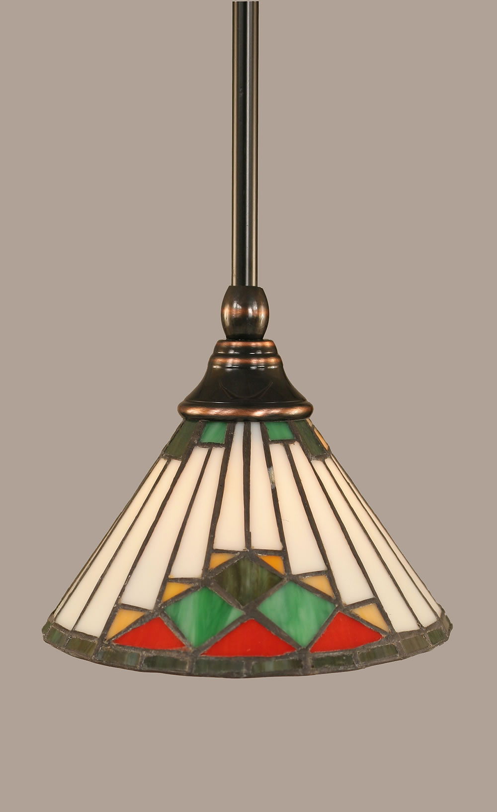 Stem Mini Pendant With Hang Straight Swivel Shown In Black Copper Finish With 7 Green Sunray Tiffany Glass
