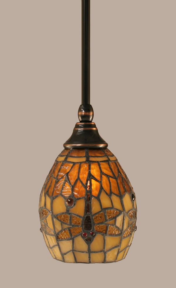 Stem Mini Pendant With Hang Straight Swivel Shown In Black Copper Finish With 5.5 Amber Dragonfly Tiffany Glass