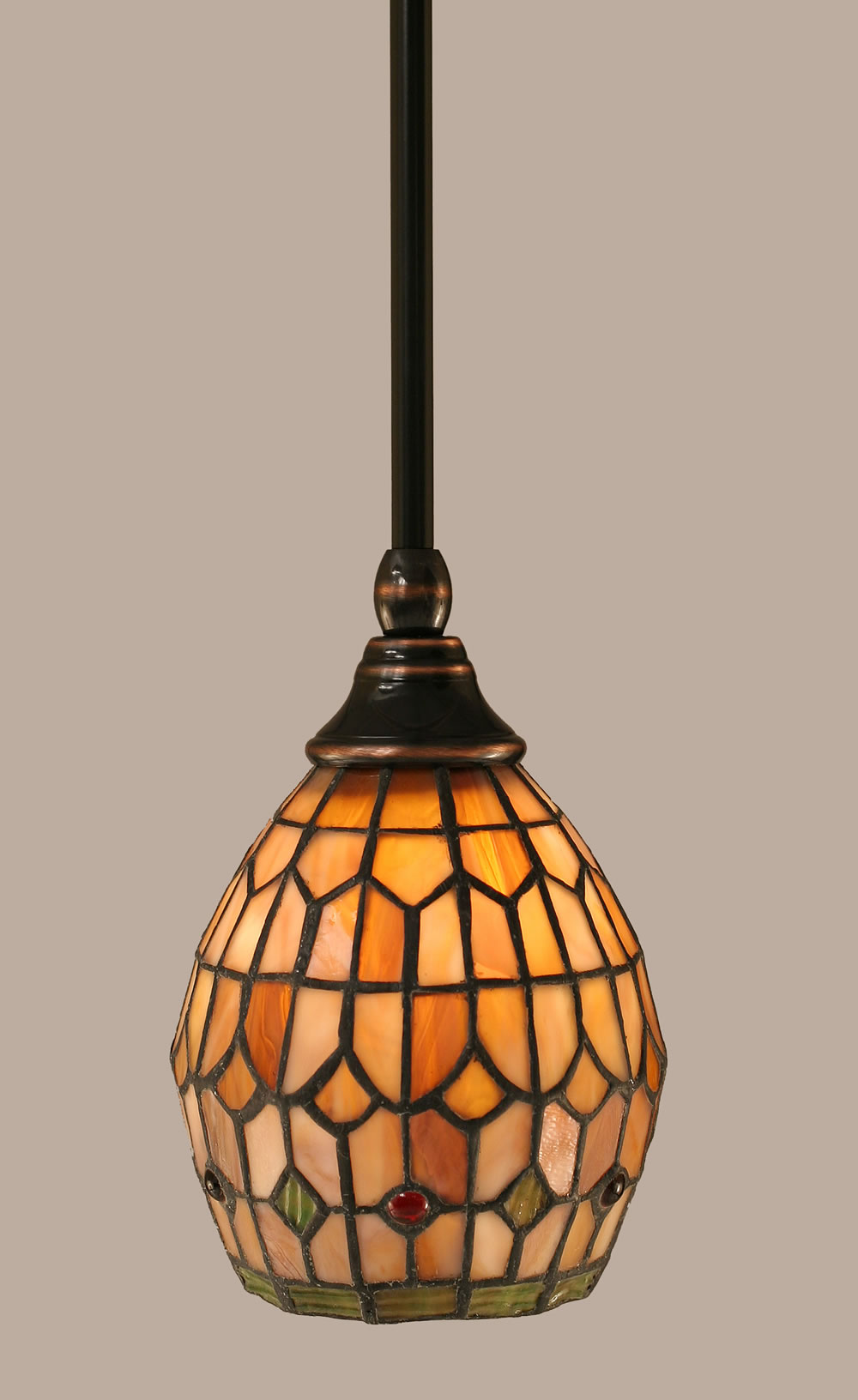 Stem Mini Pendant With Hang Straight Swivel Shown In Black Copper Finish With 5.5 Rosetta Tiffany Glass