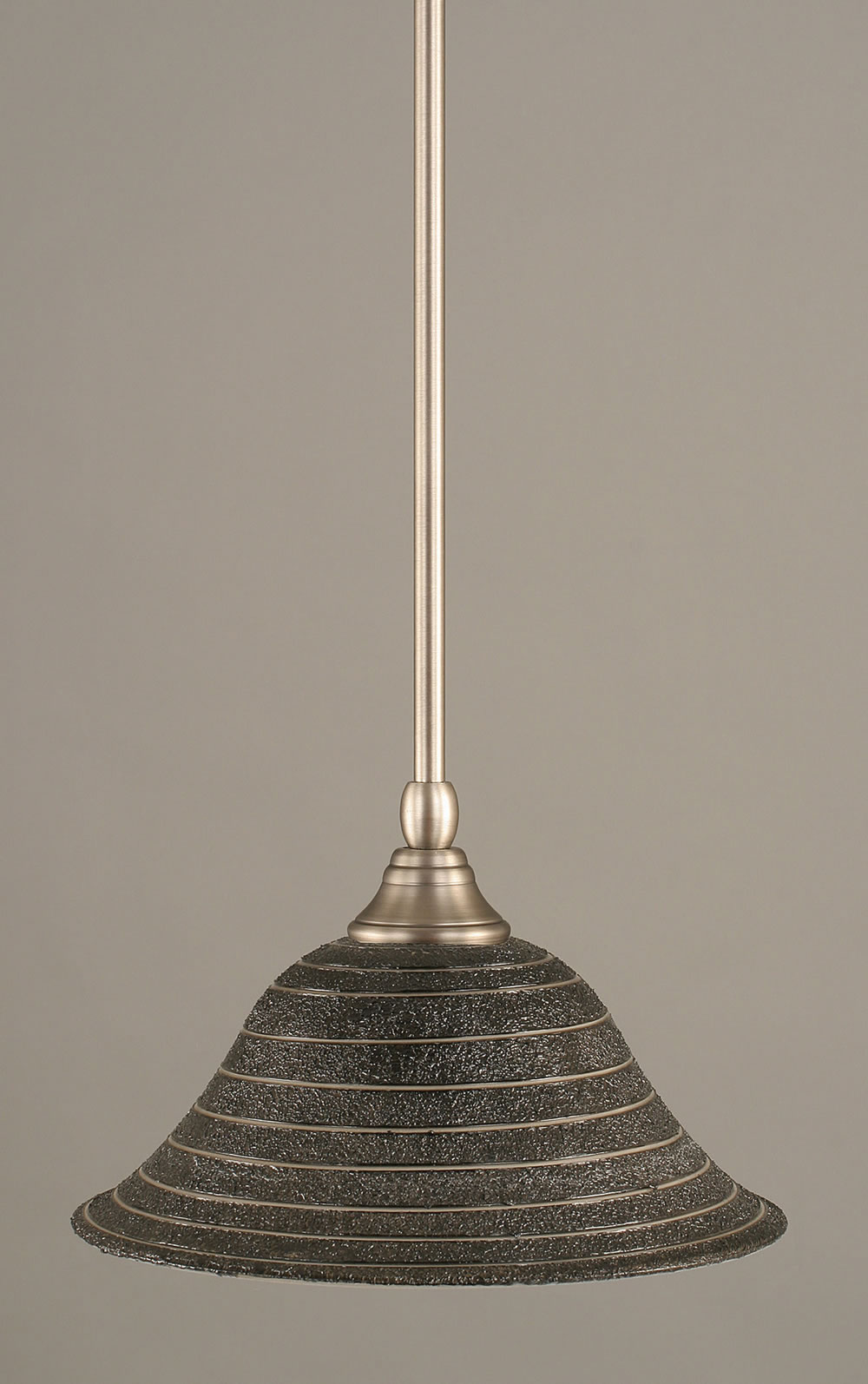 Stem Mini Pendant With Hang Straight Swivel Shown In Brushed Nickel Finish With 10" Charcoal Spiral Glass