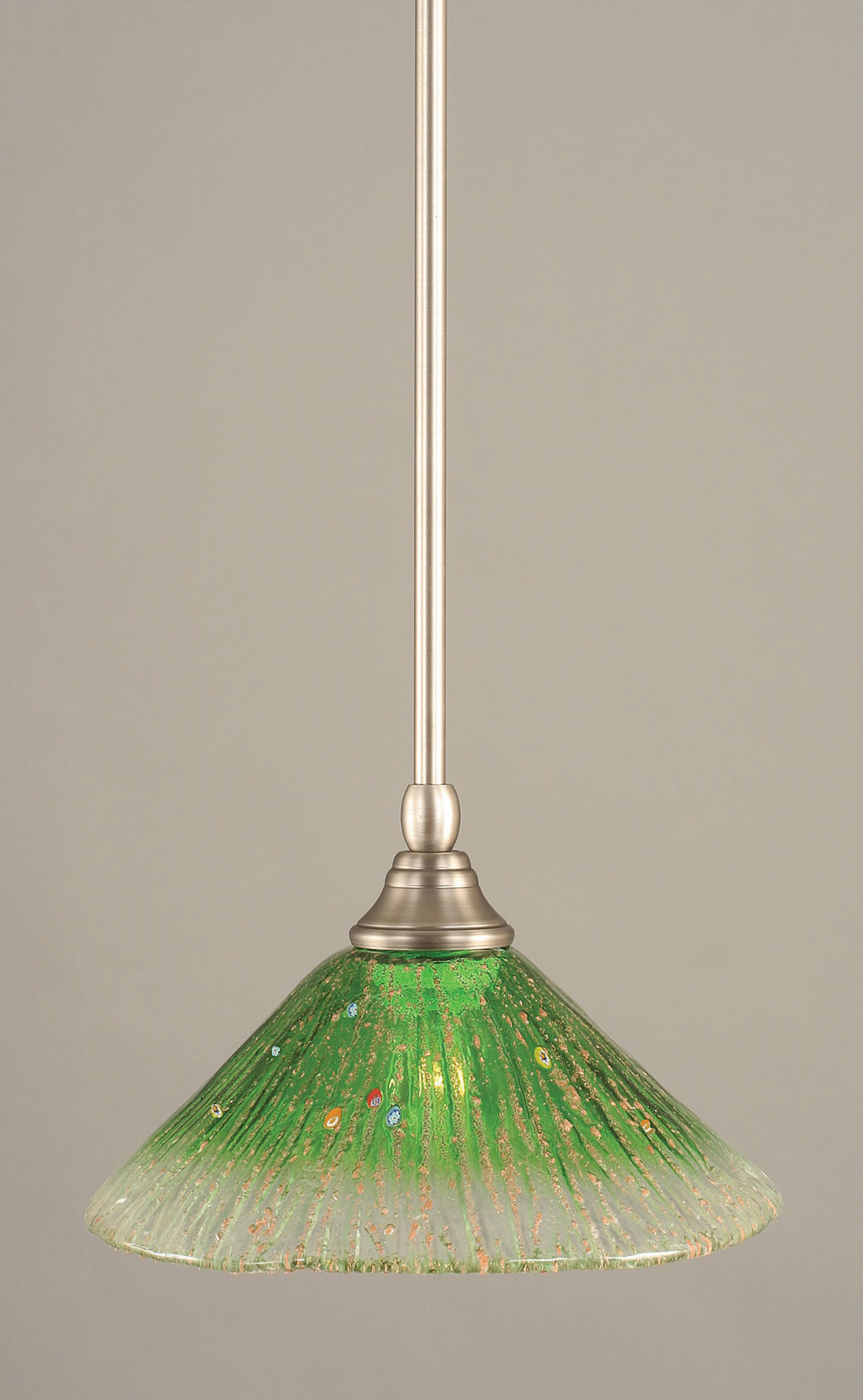 Stem Mini Pendant With Hang Straight Swivel Shown In Brushed Nickel Finish With 10" Kiwi Green Crystal Glass