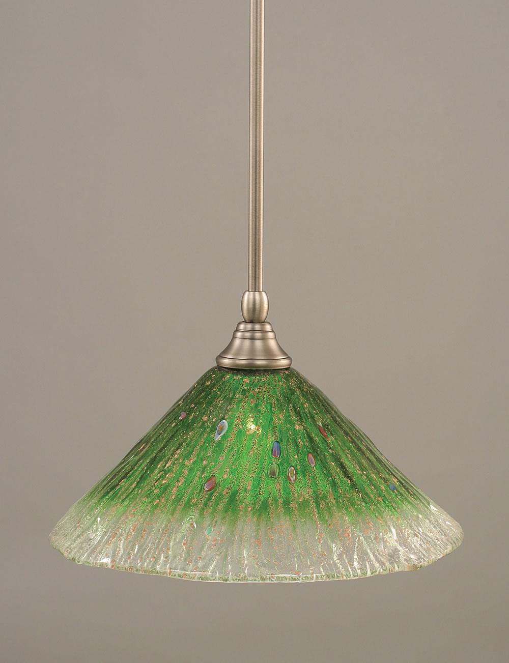 Stem Mini Pendant With Hang Straight Swivel Shown In Brushed Nickel Finish With 12" Kiwi Green Crystal Glass