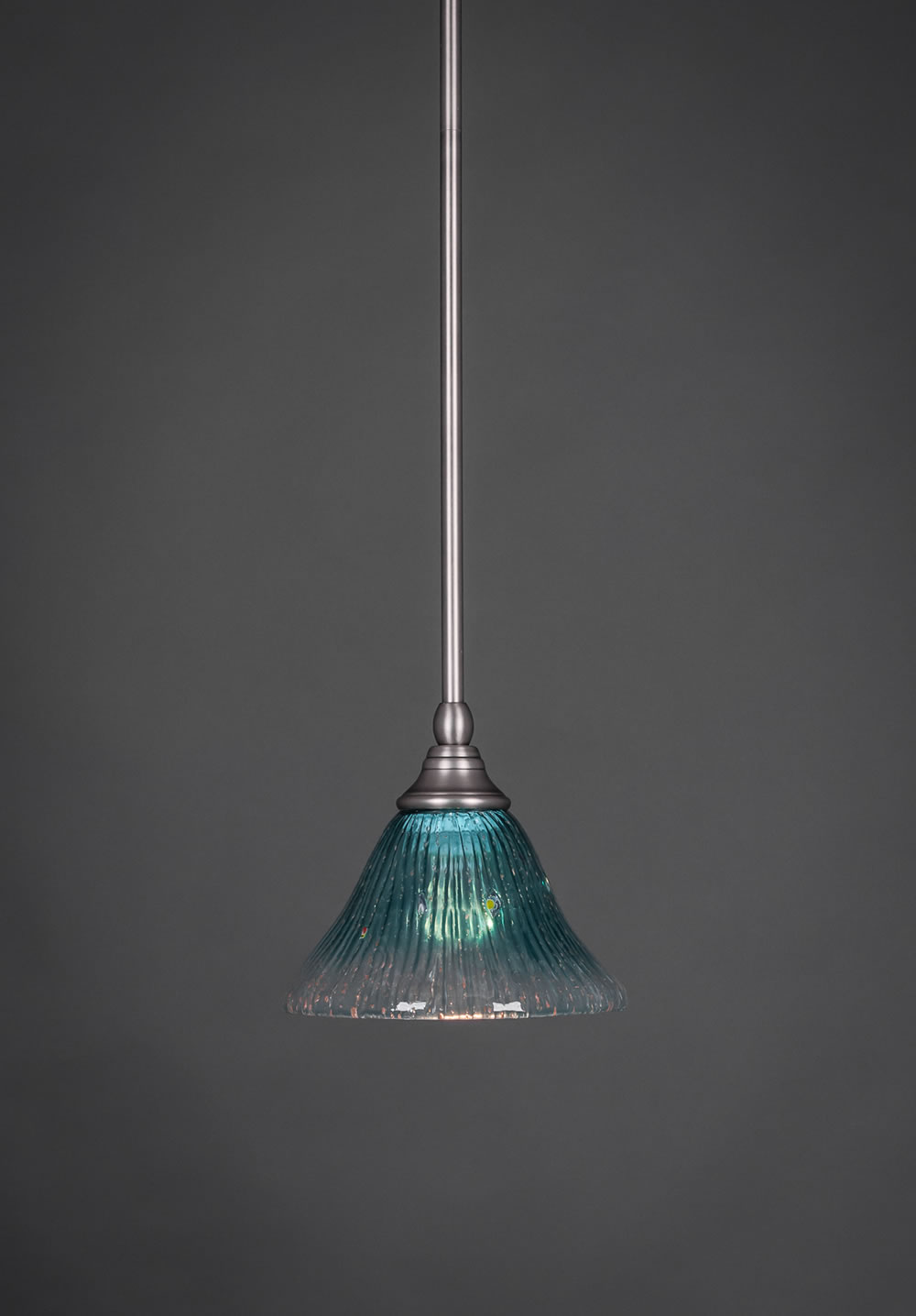 Stem Mini Pendant With Hang Straight Swivel Shown In Brushed Nickel Finish With 7" Teal Crystal Glass