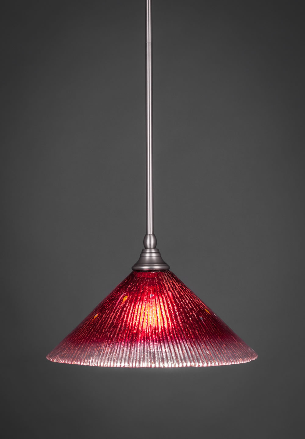 Stem Mini Pendant With Hang Straight Swivel Shown In Brushed Nickel Finish With 12" Raspberry Crystal Glass