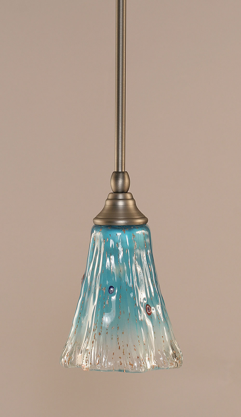 Stem Mini Pendant With Hang Straight Swivel Shown In Brushed Nickel Finish With 5.5" Fluted Teal Crystal Glass