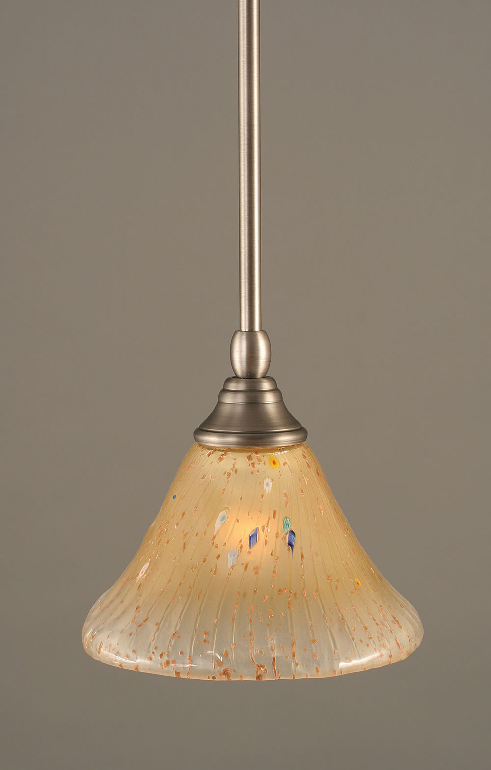 Stem Mini Pendant With Hang Straight Swivel Shown In Brushed Nickel Finish With 7" Amber Crystal Glass