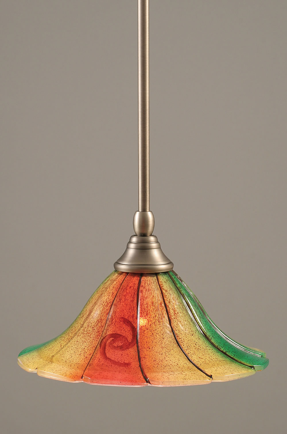 Stem Mini Pendant With Hang Straight Swivel Shown In Brushed Nickel Finish With 10" Mardi Gras Glass