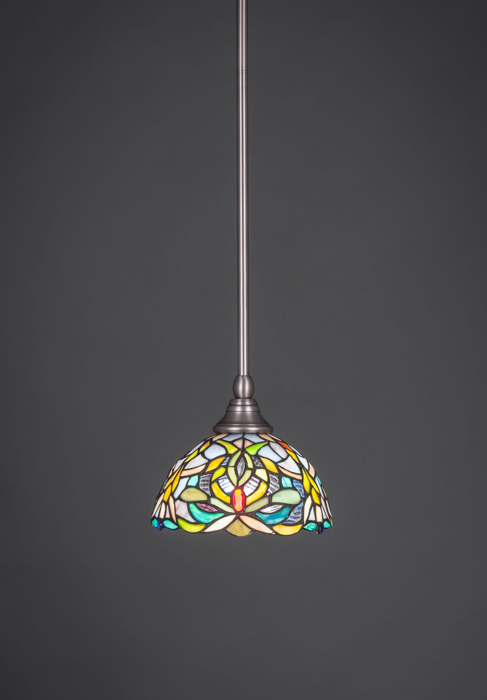 Stem Mini Pendant With Hang Straight Swivel Shown In Brushed Nickel Finish With 7 Kaleidoscope Tiffany Glass
