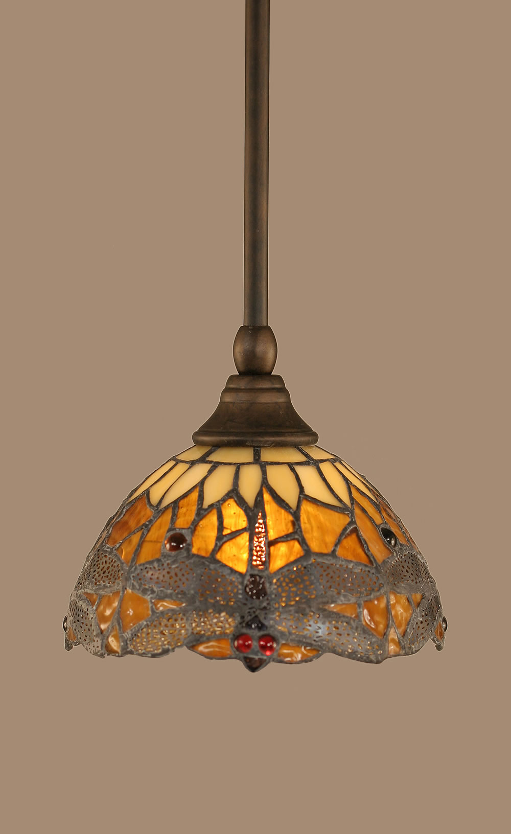 Stem Mini Pendant With Hang Straight Swivel Shown In Bronze Finish With 7 Amber Dragonfly Tiffany Glass