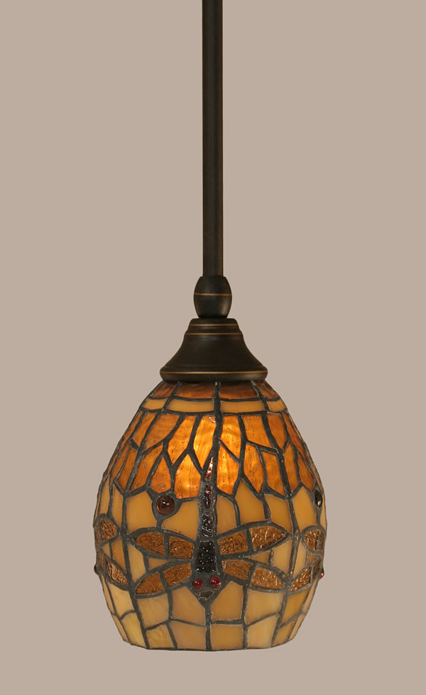 Stem Mini Pendant With Hang Straight Swivel Shown In Dark Granite Finish With 5.5 Amber Dragonfly Tiffany Glass