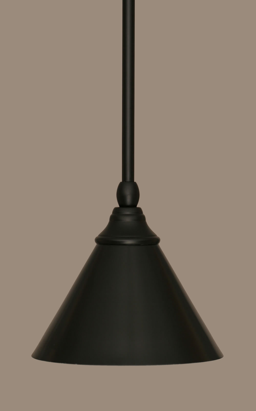 Stem Mini Pendant With Hang Straight Swivel Shown In Matte Black Finish With 7 Matte Black Cone Metal Shade