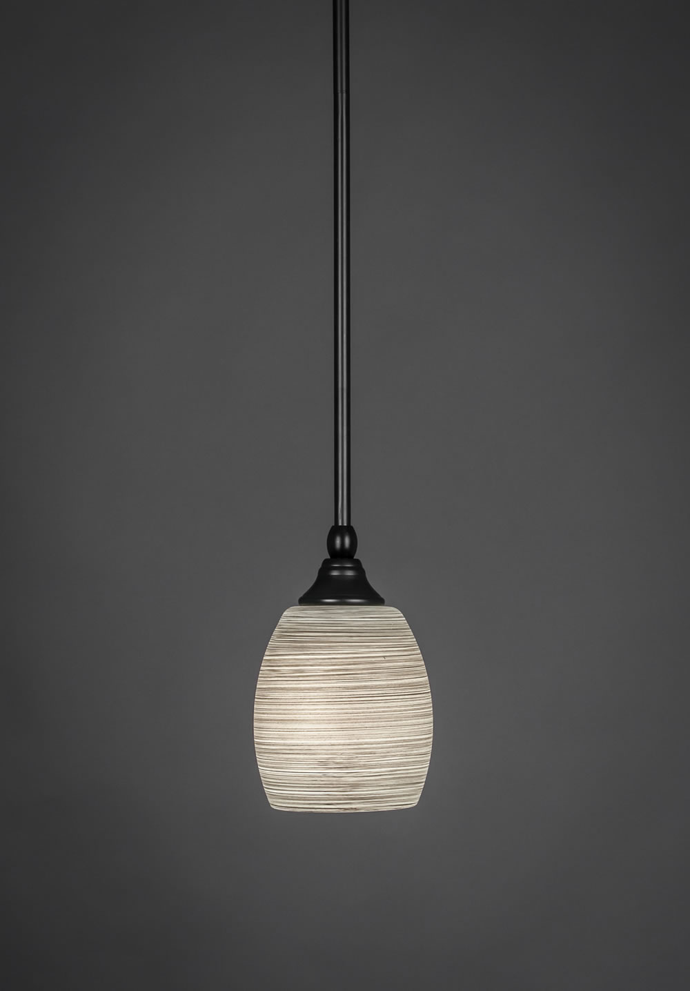 Stem Mini Pendant With Hang Straight Swivel Shown In Matte Black Finish With 5" Gray Linen Glass