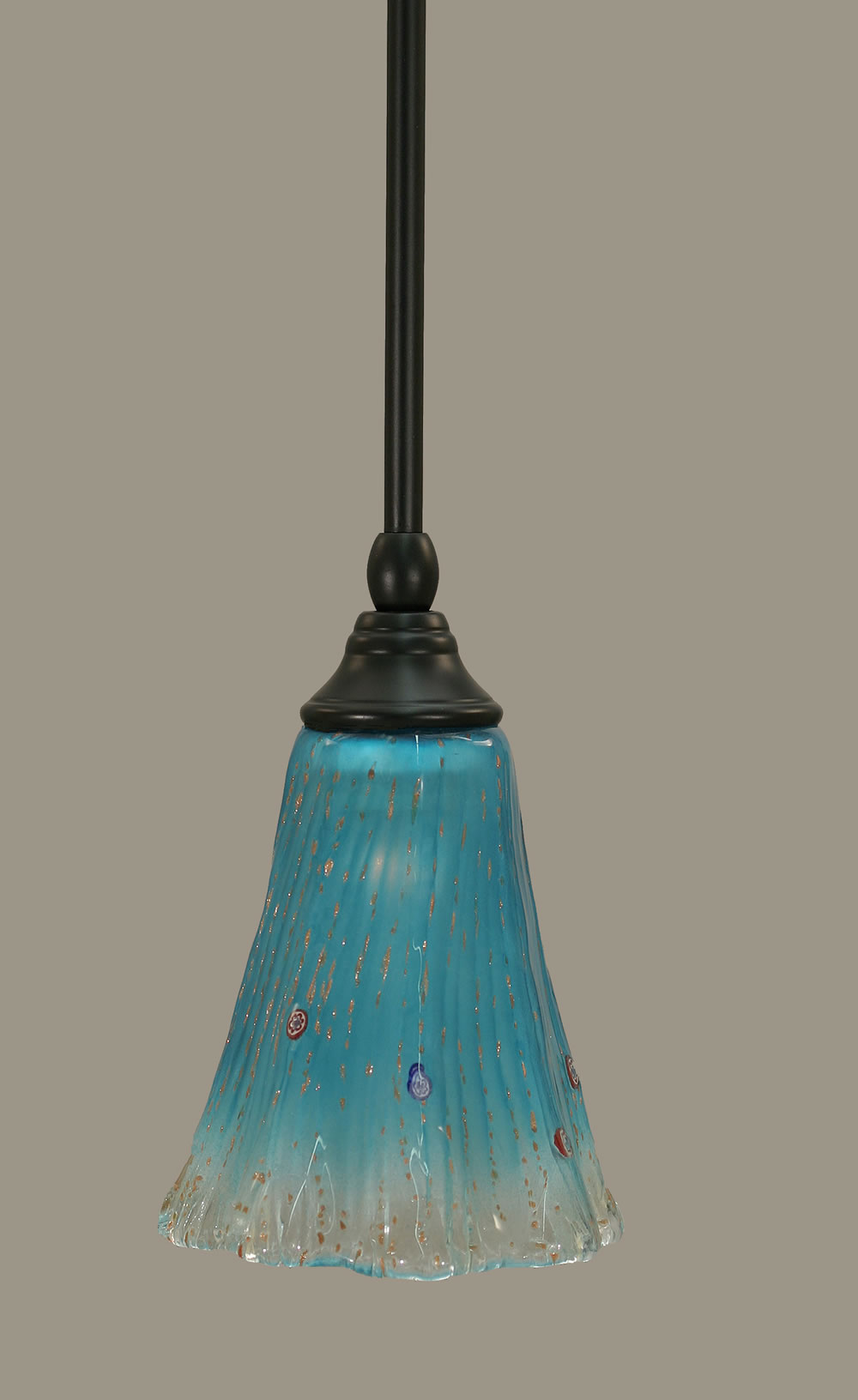 Stem Mini Pendant With Hang Straight Swivel Shown In Matte Black Finish With 5.5" Teal Crystal Glass